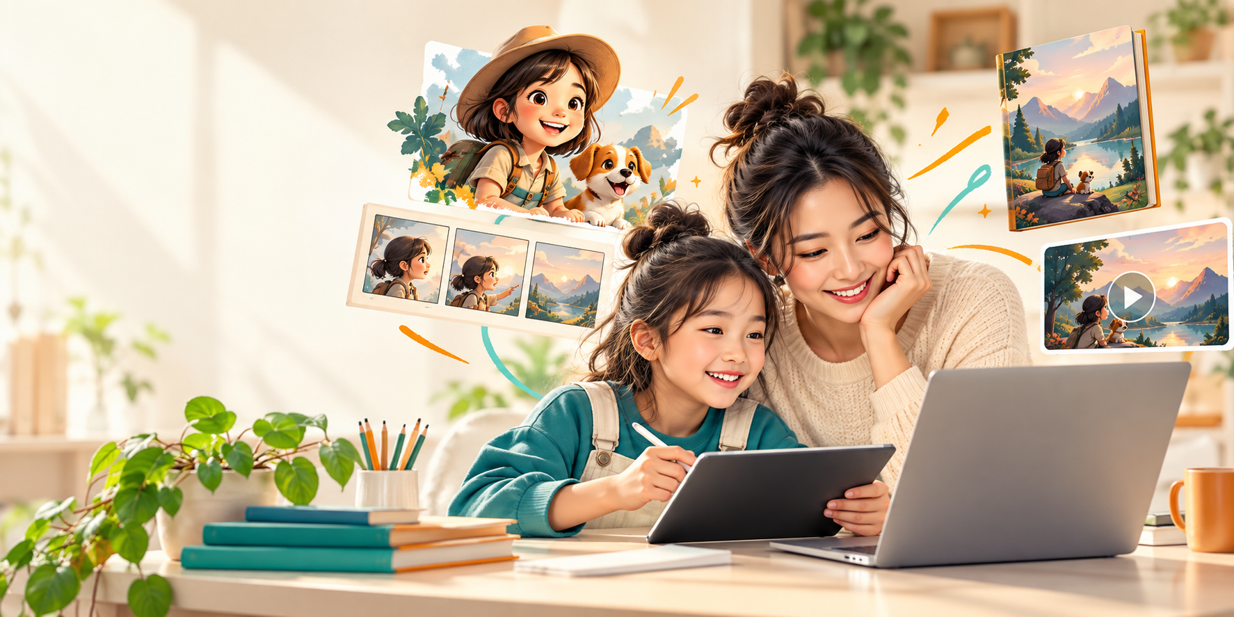 家长与孩子一起使用平板和电脑进行 AI 创意学习